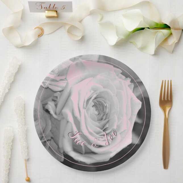 Prato De Papel Design de Rosa para Jardim Elegante com Acentos Ro (Casamento)