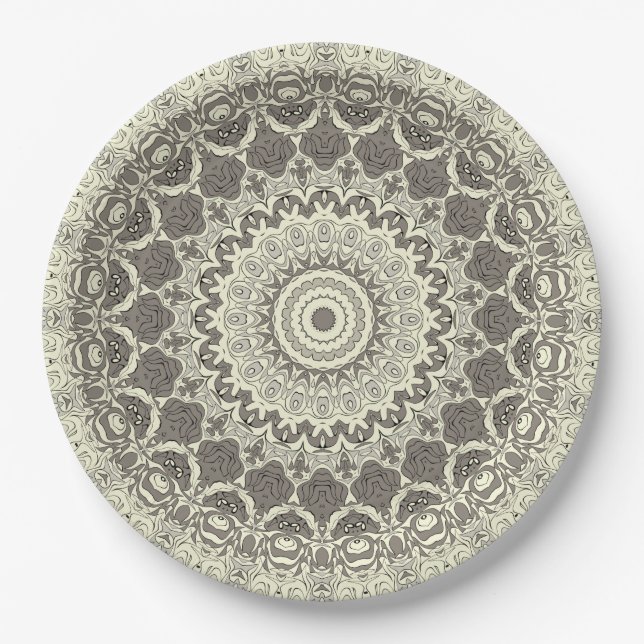 Prato De Papel Design do padrão Beige e Taupe Mandala (Frente)