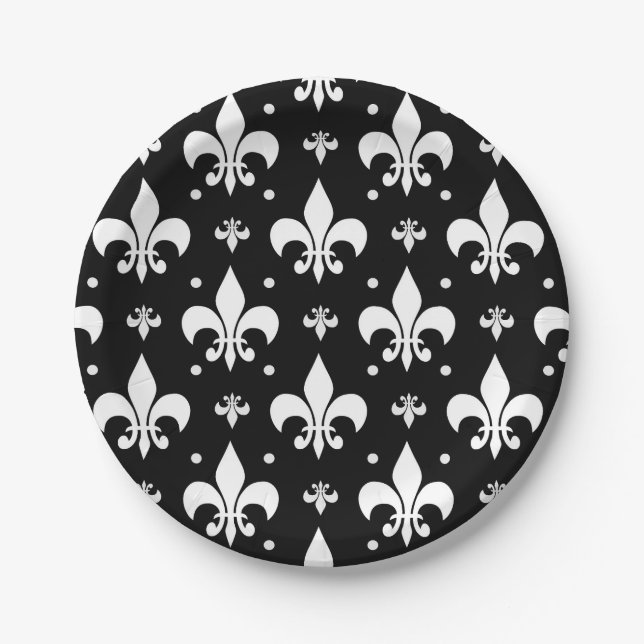 Prato De Papel Design do padrão Fleur-de-lis preto (Frente)