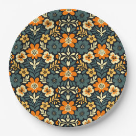 Prato De Papel Design Floral Moderno Laranja e Azul Turquesa