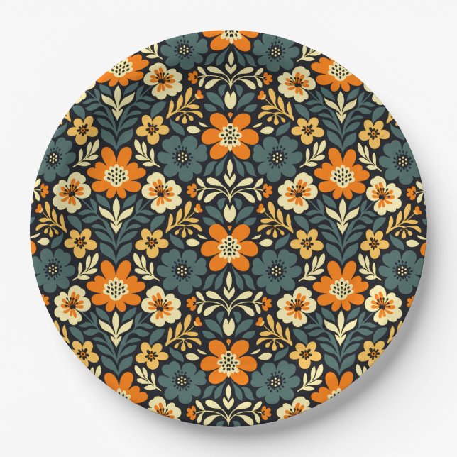 Prato De Papel Design Floral Moderno Laranja e Azul Turquesa (Frente)