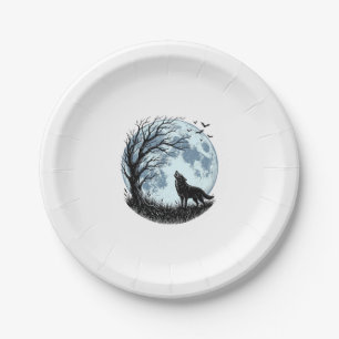 Prato De Papel Design Silhueta da Árvore da Lua Uivando Lobo Vint