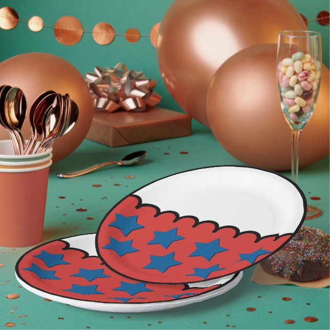 Prato De Papel Design vermelho e branco com estrelas azuis (Múltiplo)
