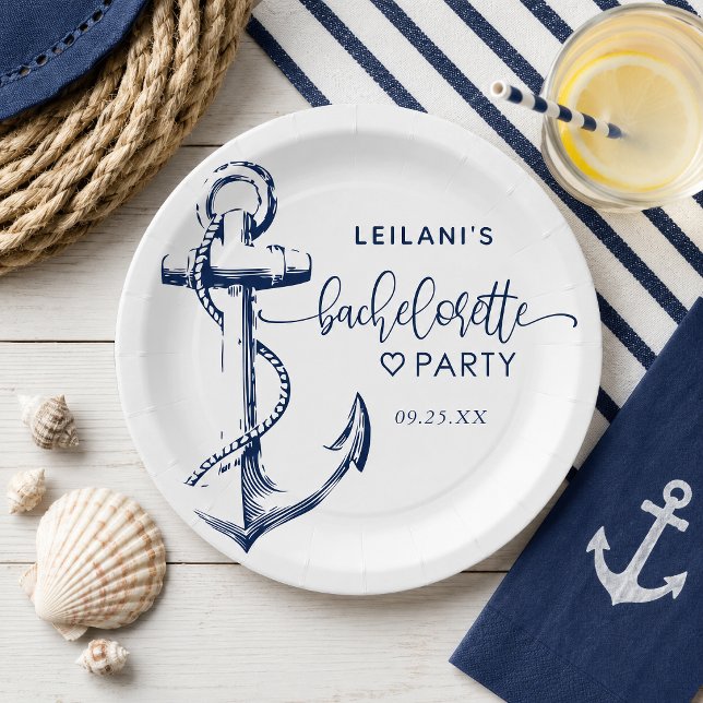 Prato De Papel Despedida de Solteira Âncora Náutica Branco (The Nautical Anchor Bachelorette design is perfect for the beachy bride-to-be.)