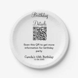 Prato De Papel Detalhes da festa de aniversário de verificação QR