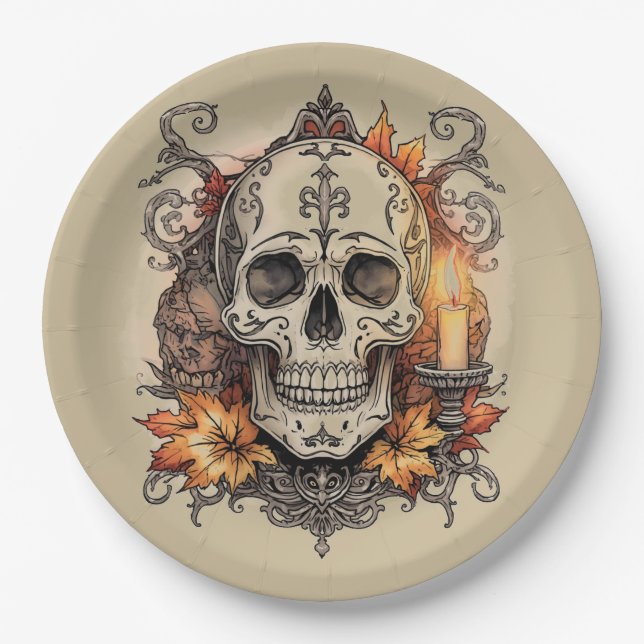 Prato De Papel Dia das Bruxas,Padrão de Caveira, Calavera à Luz d (Frente)