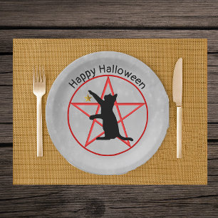 Prato De Papel Dia das Bruxas Vermelhas do Pentagrama Dourado de