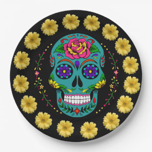 Prato De Papel Dia de los Muertos Teal Sugar Skull & Daisies 9"