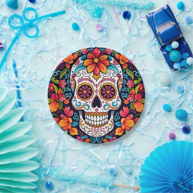 Prato De Papel Dia de Muertos ☠️ Crânio de Açúcar (Festa)
