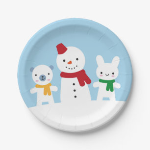 Prato De Papel Dia de Neve Kawaii com Coelho & Urso