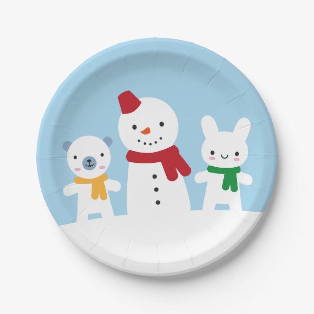 Prato De Papel Dia de Neve Kawaii com Coelho & Urso (Frente)
