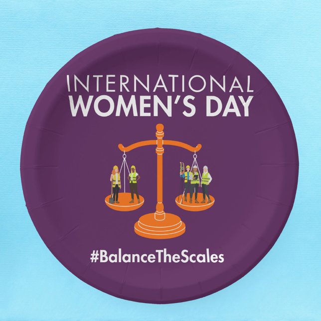 Prato De Papel Dia Internacional da Mulher 2026 Equilibre as Bala (Criador carregado)