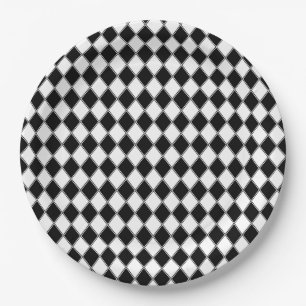 Prato De Papel Diamante Preto e Branco com Padrão Argyle