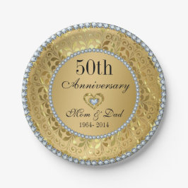 Prato De Papel Diamantes e Dourado 50º Aniversário de Casamento