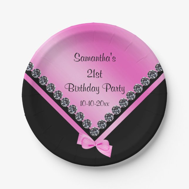 Prato De Papel Diamantes Sparkly bonito & aniversário de 21 anos (Frente)