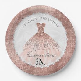 Prato De Papel Diamond Sparkle rosa Dourado Glam Quinceañera