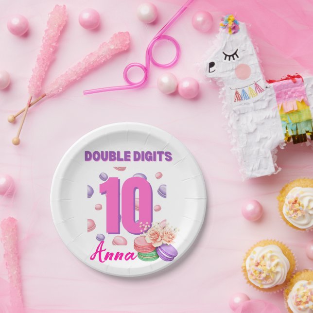 Prato De Papel Dígitos duplos Rapariga de Aniversário do Macaroon (Festa)