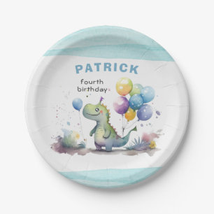 Prato De Papel Dino Party Watercolor Boy Blue Birday