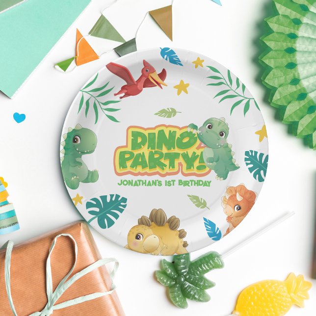 Prato De Papel Dino Theme Cute Dinossaur Party - primeiro anivers (Criador carregado)