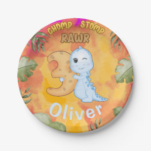 Prato De Papel Dinossaur Stomp Chomp Rawr aniversário de 3 anos