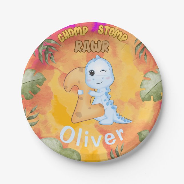 Prato De Papel Dinossaur Stomp Chomp Rawr - segundo aniversário (Frente)