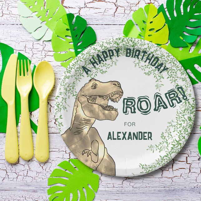 Prato De Papel Dinossaur Themed Festa de aniversário Add Name (Dinosaur jungle T-Rex roar happy birthday party custom paper plate add name )