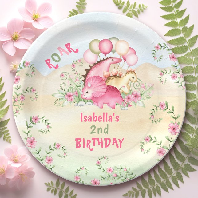 Prato De Papel Dinossauro Rapariga Rosa Pastel segundo aniversári (Dinosaur Girl Pink Pastel Cute Floral 2nd and any Birthday Paper Plates)
