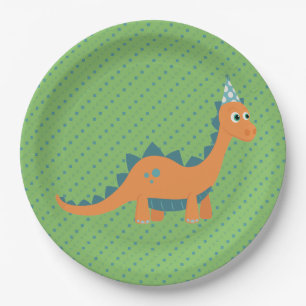 Prato De Papel Dinossauro verde e laranja