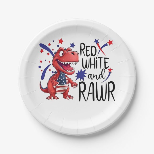 Prato De Papel Dinossauro Vermelho Branco Ocidental (Frente)