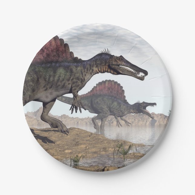 Prato De Papel Dinossauros de Spinosaurus no deserto - 3D rendem (Frente)