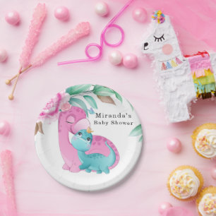 Prato De Papel Dinossauros de Teal Cor-de-Rosa Bonita, Chá de Beb