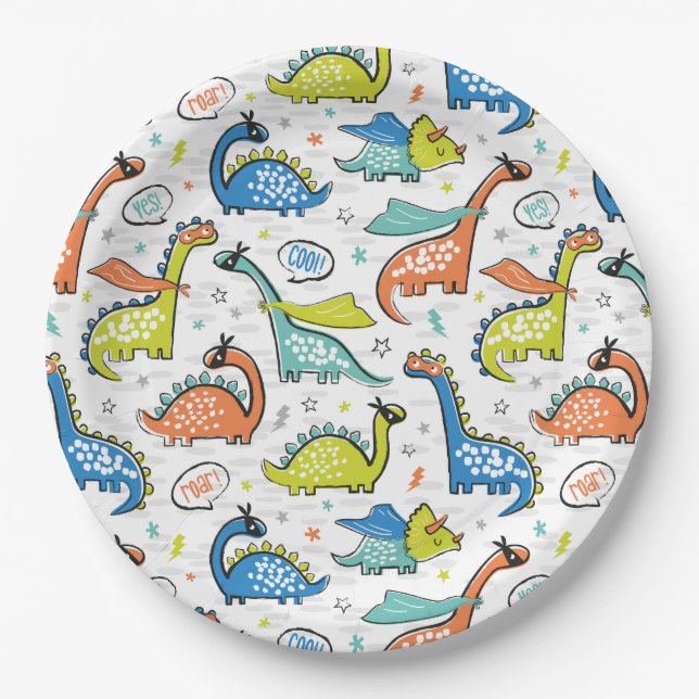 Prato De Papel Dinossauros super-heróis engraçados e bonitos (Frente)
