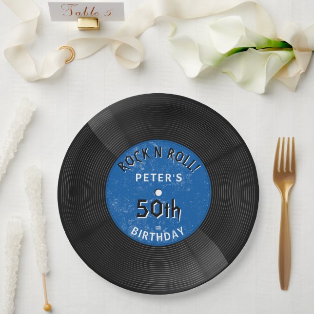 Prato De Papel Disco de Vinil Retro Rock N Roll Azul de Aniversár (Casamento)
