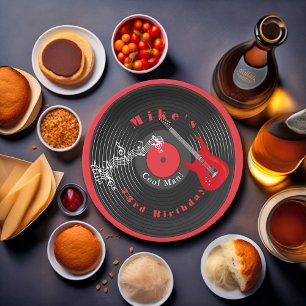 Prato De Papel Disco Retro Vinil Música Rock Guitarra Vermelha