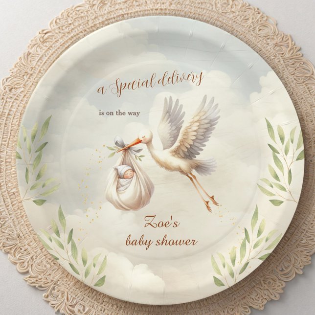 Prato De Papel Distribuição Especial Gênero Chá de fraldas neutro (Special Delivery Gender Neutral Stork Baby Shower Paper Plates)