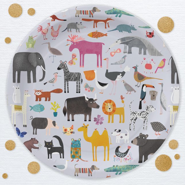 Prato De Papel Diversão de Menagerie animal (Fun animal menagerie party paper plates)