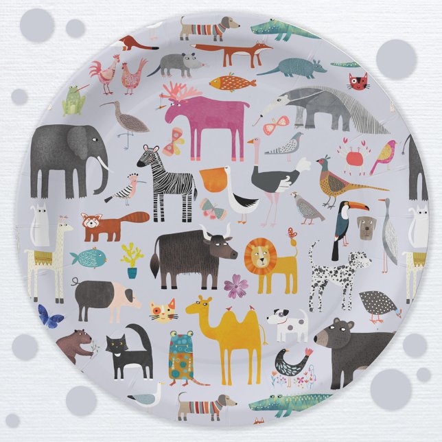 Prato De Papel Diversão de Menagerie animal (Jungle safari zoo wild and pet animal themed party paper plates)