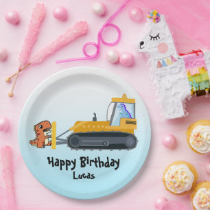 Prato De Papel Diversão de um trator de dinossauro Fazenda Escola