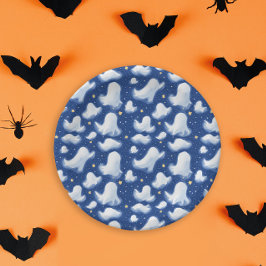 Prato De Papel Diversão Fantasma Azul Noite de Halloween Céu Aqua