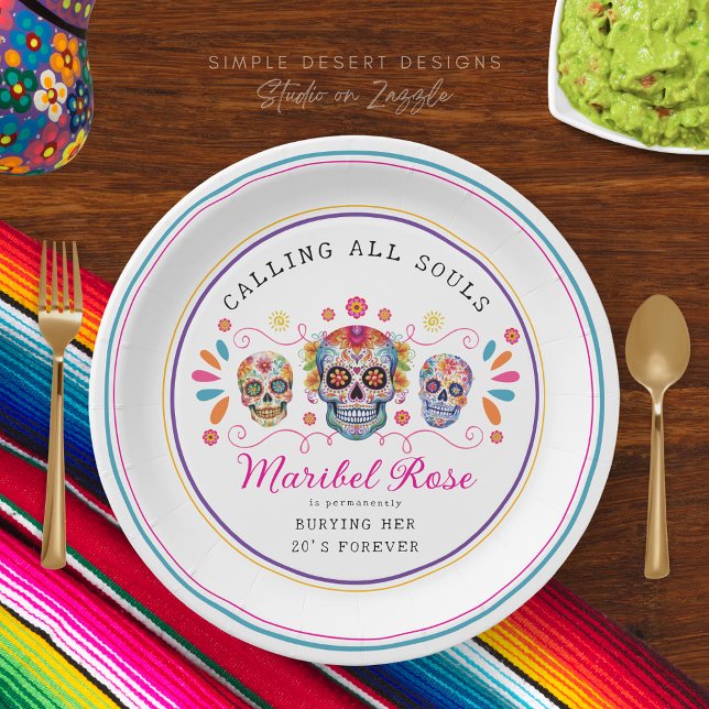 Prato De Papel Diversão mexicana do Fiesta Calavera Sugar Skull A (White calling all souls colorful mexican fiesta sugar skulls birthday party paper plates)