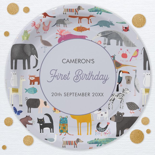 Prato De Papel Diversão personalizada do primeiro primeiro aniver (Animal menagerie personalized custom text first 1st birthday party paper plates)