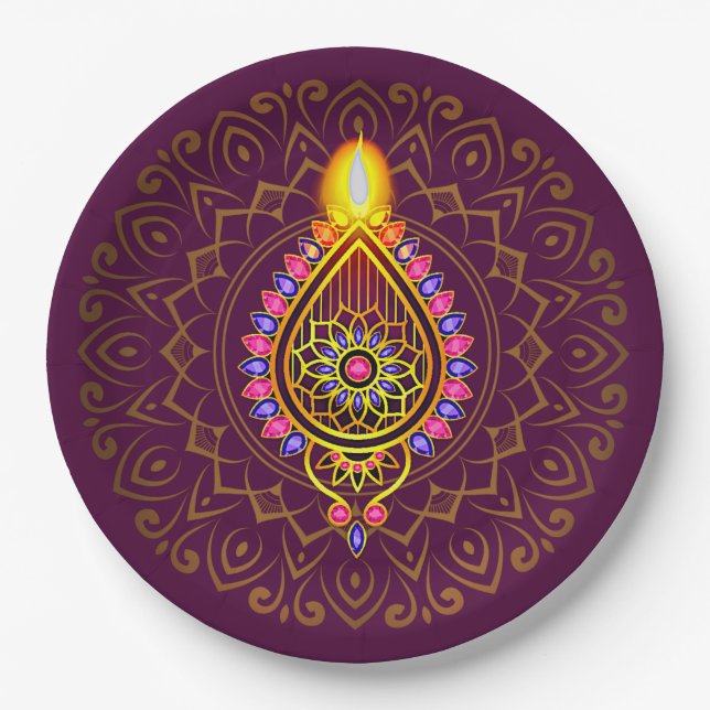 Prato De Papel Diwali Jeweled Diya Candle Design Mandala Purple (Frente)
