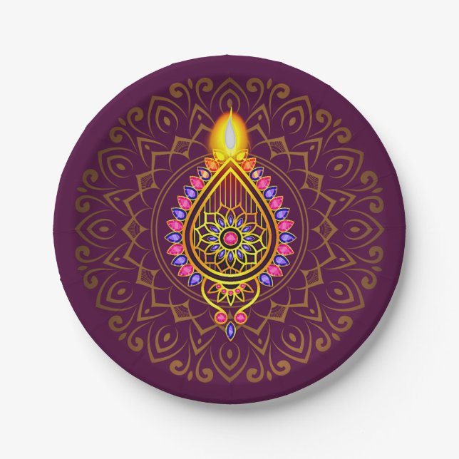 Prato De Papel Diwali Jeweled Diya Candle Design Mandala Purple (Frente)