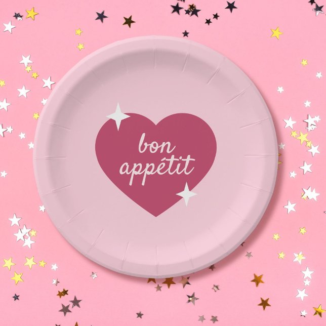 Prato de Papel do Dia das Galentinas Rosa Bon Appe (cute pink retro galentines day party bon appetit plate )