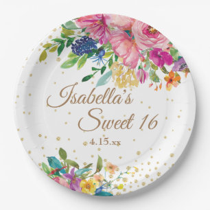 Prato De Papel Doce 16 Aniversário Nome Rosa Azul Amarelo Floral 