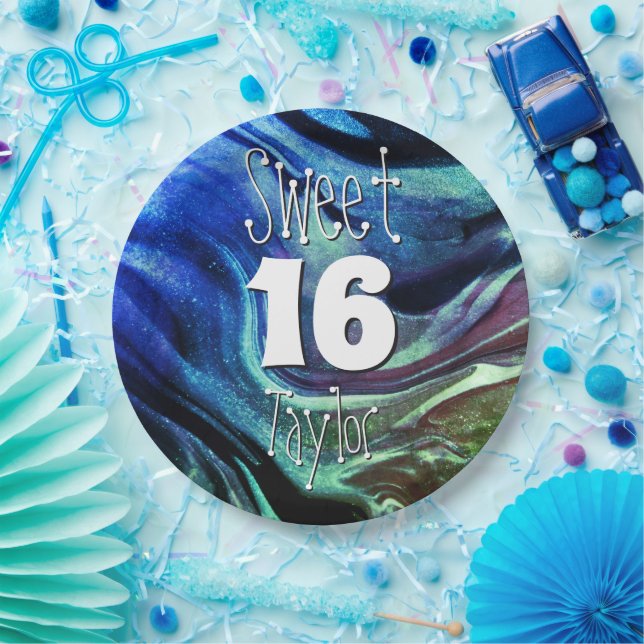 Prato De Papel Doce 16 Mármore Verde e Azul Personalizado (Festa)