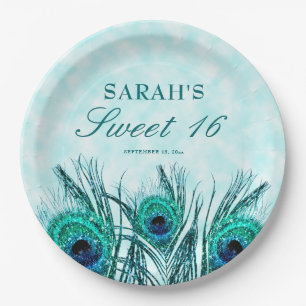 Prato De Papel Doce 16 Plumas de Pavão Azul Brilho Azul Turquesa
