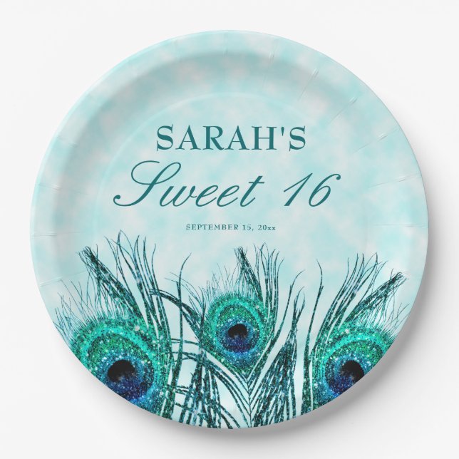 Prato De Papel Doce 16 Plumas de Pavão Azul Brilho Azul Turquesa  (Frente)