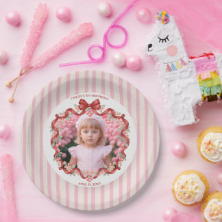 Prato De Papel Doce Cereja Coquette Fita Aniversário Rosa Menina