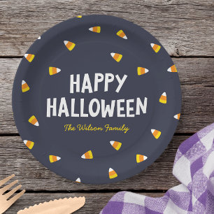 Prato De Papel Doce de Milho Azul Escuro Feliz Halloween
